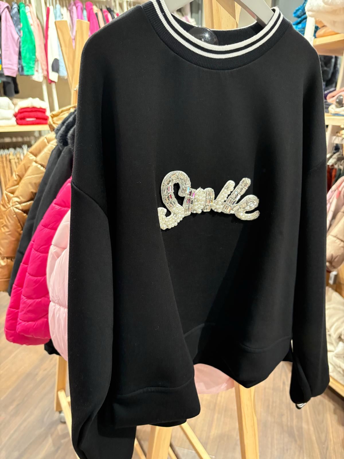 Felpa Nera con Scritta Smile in Glitter Argentato TAGLIA 16